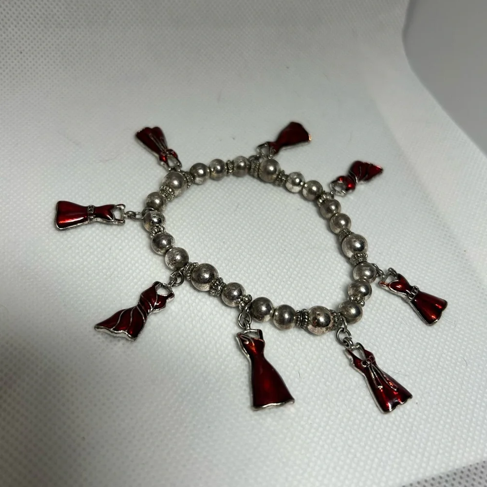 Silver Beaded Bracelet with Red Dress‎ Charms